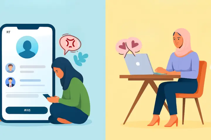 A split-screen illustration showing a frustrated woman stressed by a dating app on the left, contrasted with a calm, smiling woman using a personalized matchmaking service on the right.