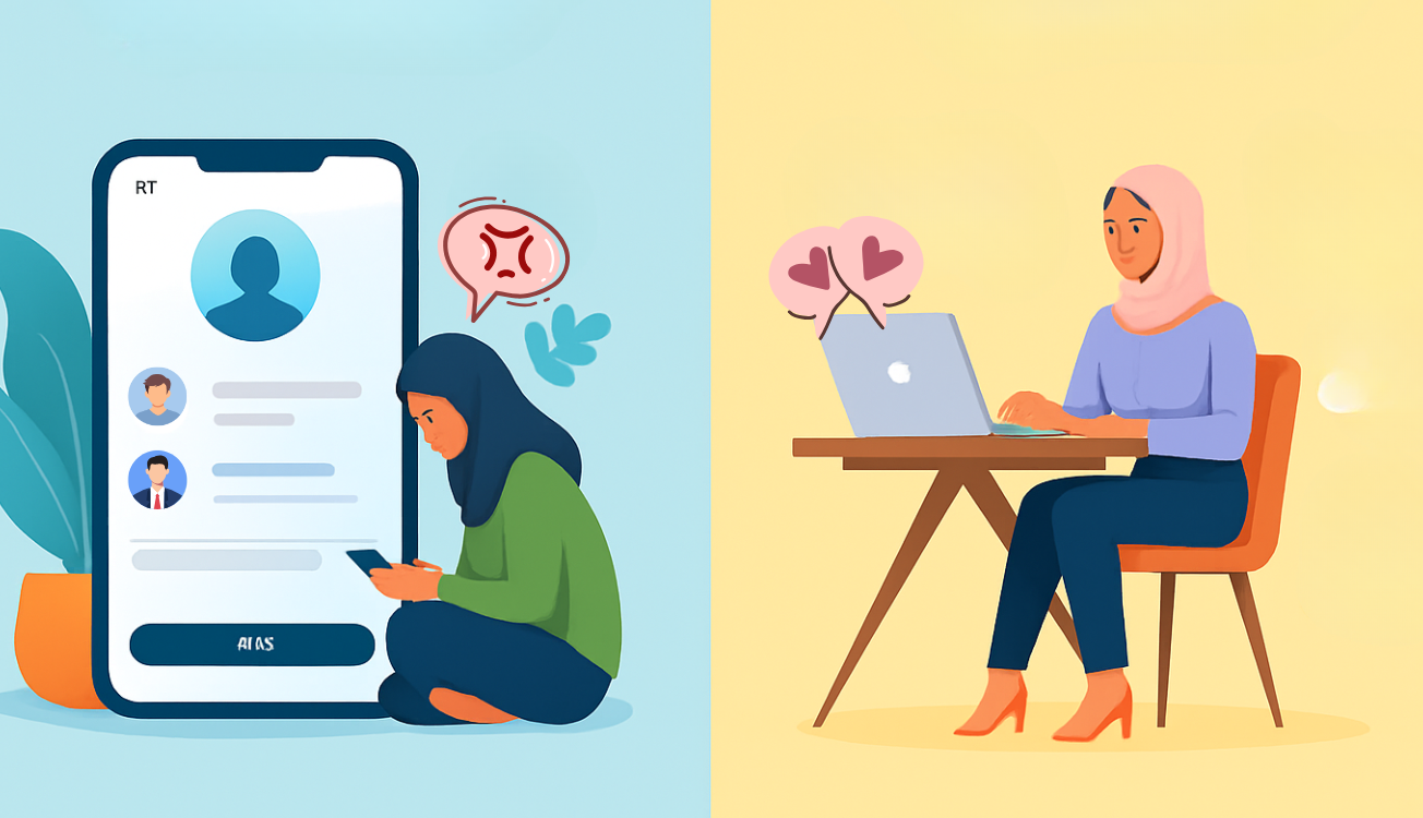 A split-screen illustration showing a frustrated woman stressed by a dating app on the left, contrasted with a calm, smiling woman using a personalized matchmaking service on the right.